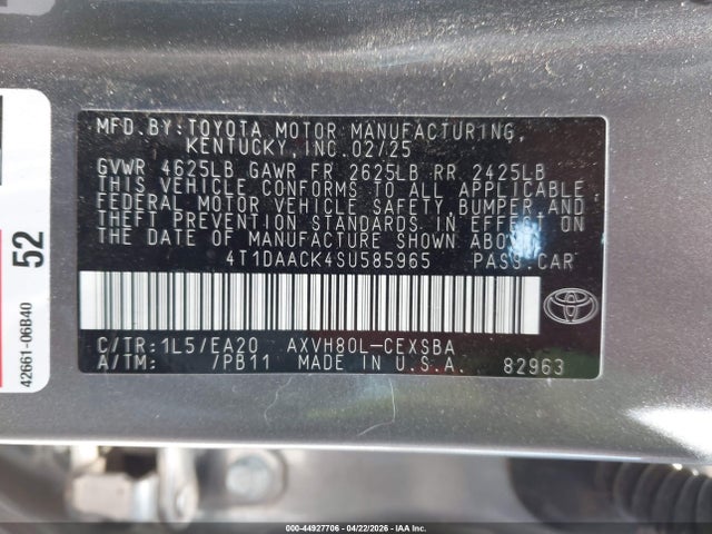 Auction sale of the 2025 Toyota Camry Se, vin: 4T1DAACK4SU585965, lot number: 44927706