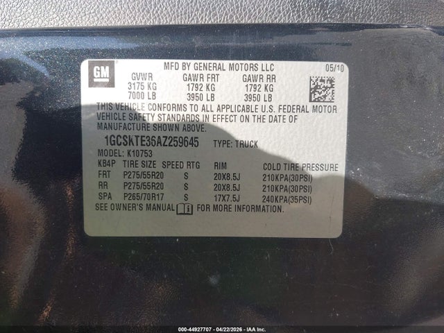 44927707 :رقم المزاد ، 1GCSKTE36AZ259645 vin ، 2010 Chevrolet Silverado 1500 Ltz مزاد بيع