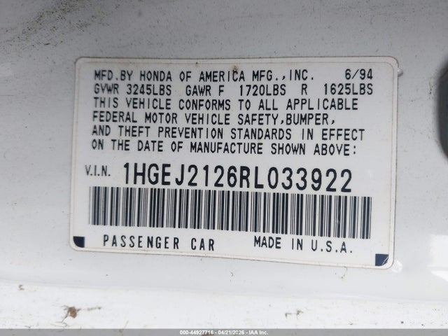 44927716 :رقم المزاد ، 1HGEJ2126RL033922 vin ، 1994 Honda Civic Dx مزاد بيع