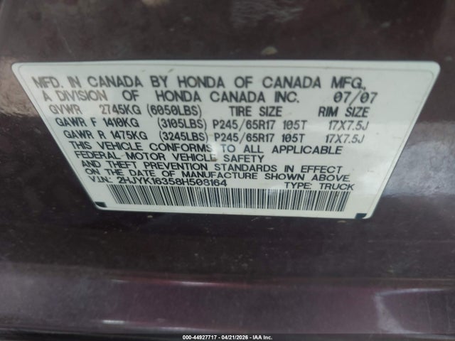 Aukcja sprzedaży 2008 Honda Ridgeline Rtx, vin: 2HJYK16358H508164, numer aukcji: 44927717