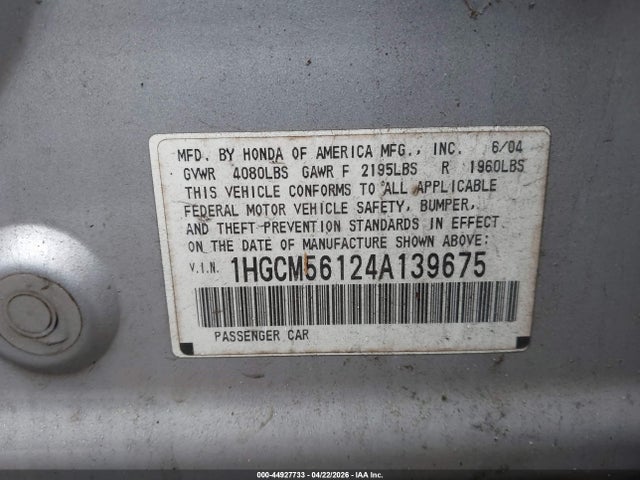 2004 Honda Accord 2.4 Dx მანქანა იყიდება აუქციონზე, vin: 1HGCM56124A139675, აუქციონის ნომერი: 44927733