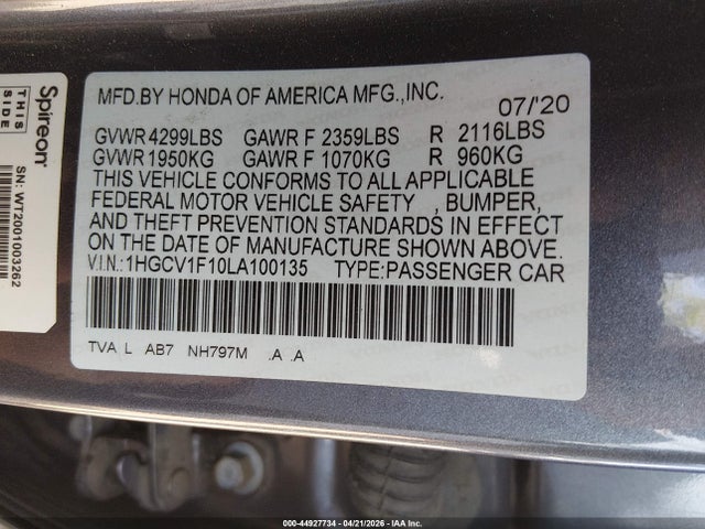 2020 Honda Accord Lx მანქანა იყიდება აუქციონზე, vin: 1HGCV1F10LA100135, აუქციონის ნომერი: 44927734
