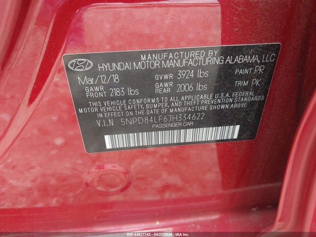 Продаж на аукціоні авто 2018 Hyundai Elantra Sel, vin: 5NPD84LF6JH334622, номер лоту: 44927743