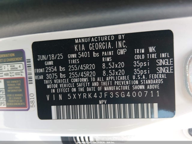 Aukcja sprzedaży 2025 Kia Sorento Sx, vin: 5XYRK4JF3SG400711, numer aukcji: 44927747
