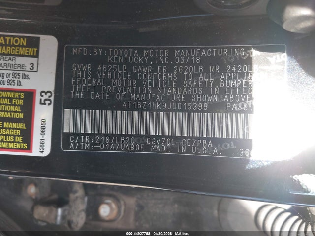 44927758 :رقم المزاد ، 4T1BZ1HK9JU015399 vin ، 2018 Toyota Camry Xse V6 مزاد بيع