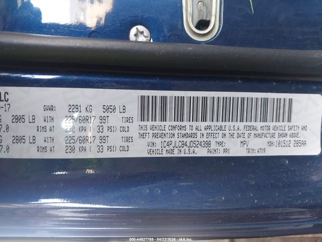 44927769 :رقم المزاد ، 1C4PJLCB4JD524398 vin ، 2018 Jeep Cherokee Latitude Fwd مزاد بيع