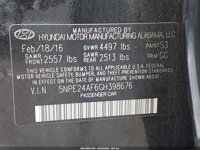 Aukcja sprzedaży 2016 Hyundai Sonata, vin: 5NPE24AF6GH398676, numer aukcji: 44927786