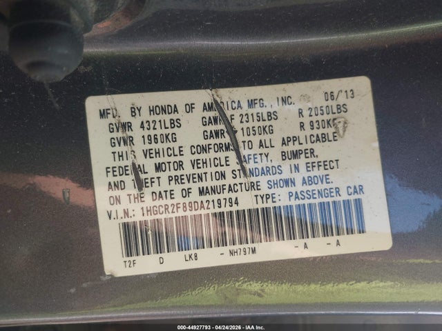 Aukcja sprzedaży 2013 Honda Accord Ex-l, vin: 1HGCR2F89DA219794, numer aukcji: 44927793