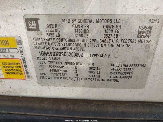 Продаж на аукціоні авто 2013 Chevrolet Traverse 1lt, vin: 1GNKVGKD9DJ209392, номер лоту: 44927799
