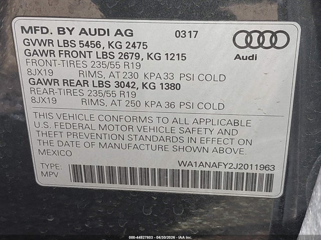 Продажа на аукционе авто 2018 Audi Q5 2.0t Premium/2.0t Tech Premium, vin: WA1ANAFY2J2011963, номер лота: 44927803