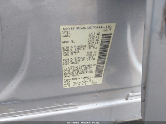 44927809 :رقم المزاد ، 1N6BA0ED8FN506637 vin ، 2015 Nissan Titan Sv مزاد بيع