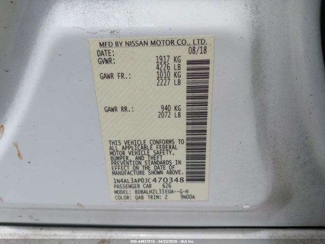 Aukcja sprzedaży 2018 Nissan Altima 2.5 Sr, vin: 1N4AL3AP0JC470348, numer aukcji: 44927816