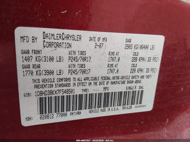 Aukcja sprzedaży 2007 Dodge Durango Sxt, vin: 1D8HD38KX7F548501, numer aukcji: 44927837
