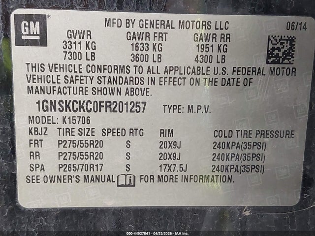 Продажа на аукционе авто 2015 Chevrolet Tahoe Ltz, vin: 1GNSKCKC0FR201257, номер лота: 44927841