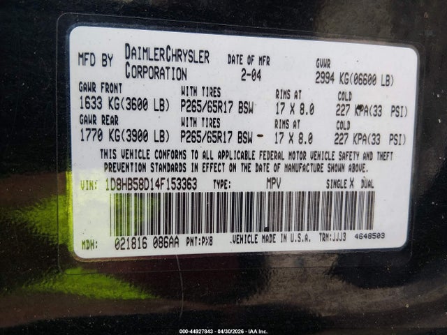 Aukcja sprzedaży 2004 Dodge Durango Limited, vin: 1D8HB58D14F153363, numer aukcji: 44927843