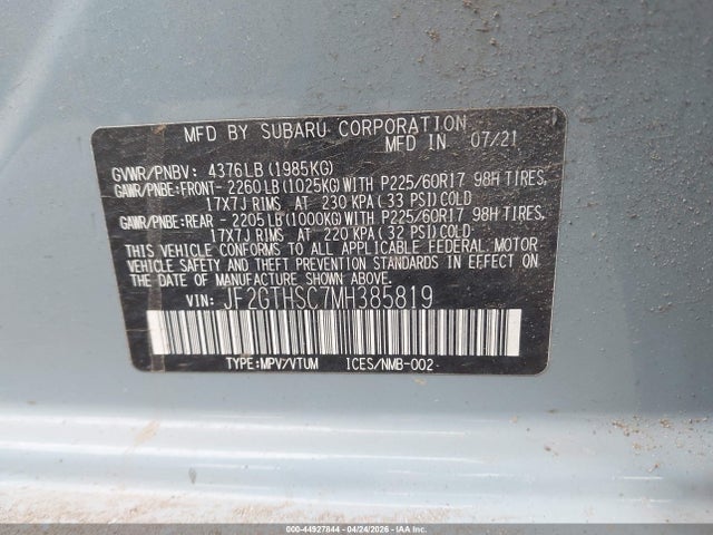 44927844 :رقم المزاد ، JF2GTHSC7MH385819 vin ، 2021 Subaru Crosstrek Sport مزاد بيع