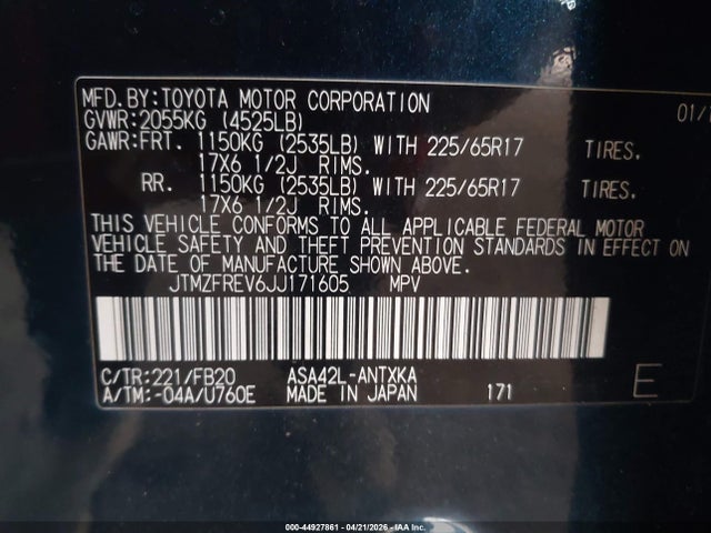 JTMZFREV6JJ171605 Toyota RAV4 LE