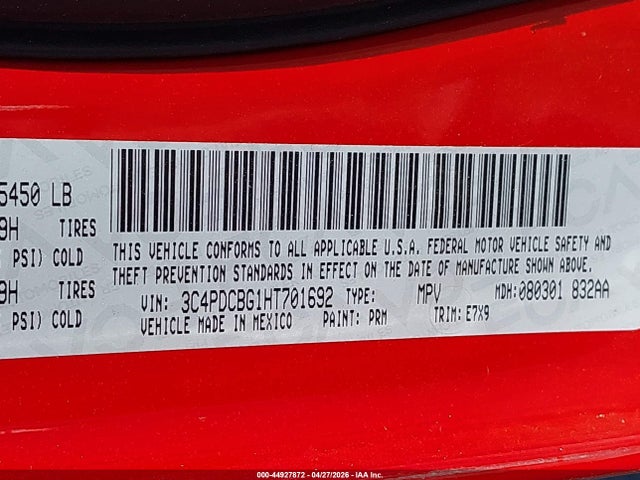Продаж на аукціоні авто 2017 Dodge Journey Sxt, vin: 3C4PDCBG1HT701692, номер лоту: 44927872