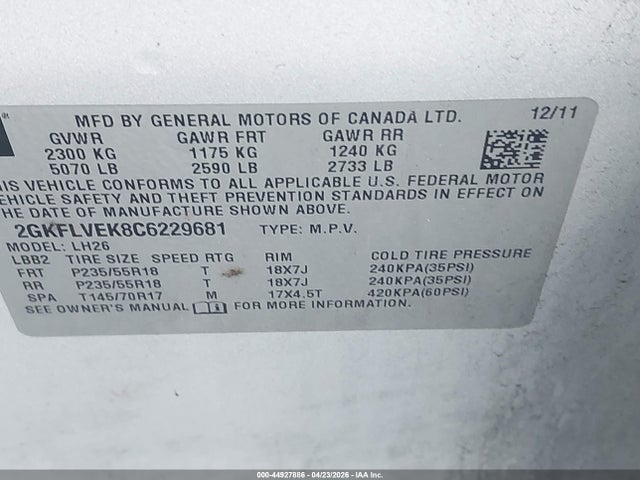 44927886 :رقم المزاد ، 2GKFLVEK8C6229681 vin ، 2012 Gmc Terrain Slt-1 مزاد بيع