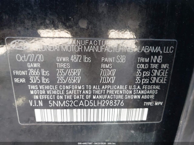 Продаж на аукціоні авто 2020 Hyundai Santa Fe Se, vin: 5NMS2CAD5LH298376, номер лоту: 44927897