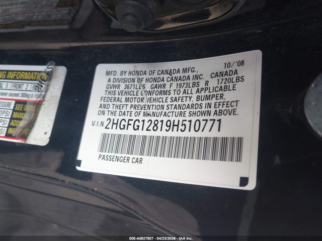 2009 Honda Civic Ex მანქანა იყიდება აუქციონზე, vin: 2HGFG12819H510771, აუქციონის ნომერი: 44927907