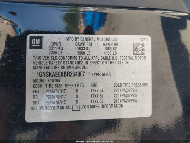 Продажа на аукционе авто 2011 Chevrolet Tahoe Ls, vin: 1GNSKAE0XBR234007, номер лота: 44927914