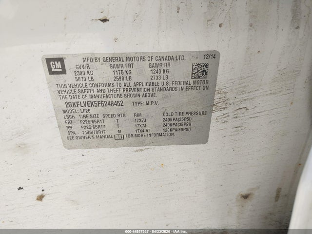 44927937 :رقم المزاد ، 2GKFLVEK5F6248452 vin ، 2015 Gmc Terrain Sle-1 مزاد بيع