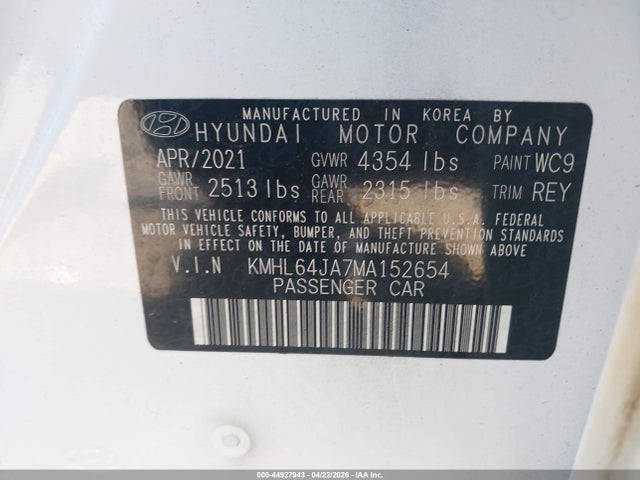 2021 Hyundai Sonata Sel მანქანა იყიდება აუქციონზე, vin: KMHL64JA7MA152654, აუქციონის ნომერი: 44927943