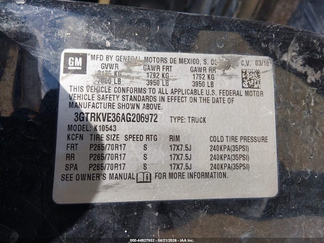 Aukcja sprzedaży 2010 Gmc Sierra 1500 Sle, vin: 3GTRKVE36AG206972, numer aukcji: 44927952