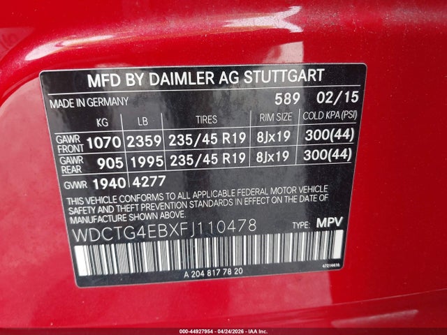 44927954 :رقم المزاد ، WDCTG4EBXFJ110478 vin ، 2015 Mercedes-benz Gla 250 مزاد بيع