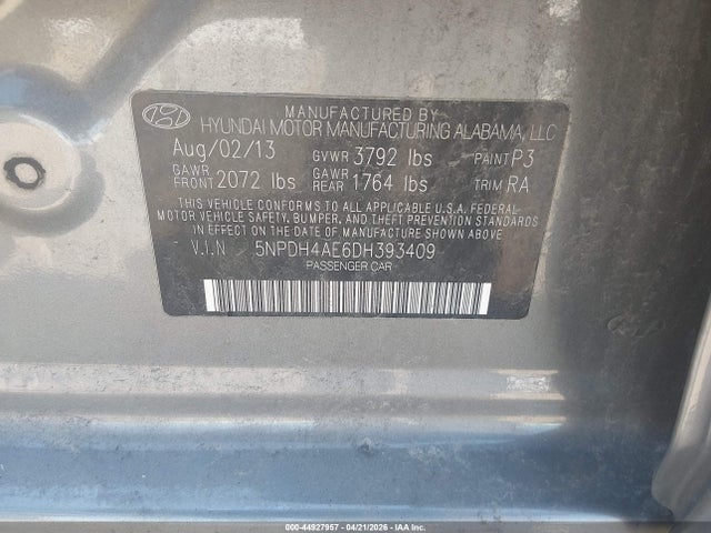 44927957 :رقم المزاد ، 5NPDH4AE6DH393409 vin ، 2013 Hyundai Elantra Gls مزاد بيع