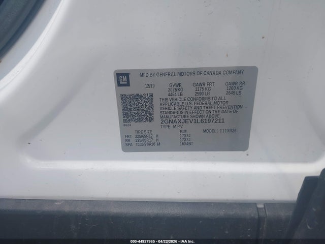 Продаж на аукціоні авто 2020 Chevrolet Equinox Fwd 2fl, vin: 2GNAXJEV1L6197211, номер лоту: 44927965