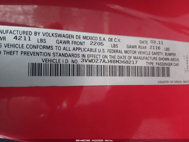 Продаж на аукціоні авто 2011 Volkswagen Jetta 2.5l Se, vin: 3VWDZ7AJ4BM368217, номер лоту: 44927969