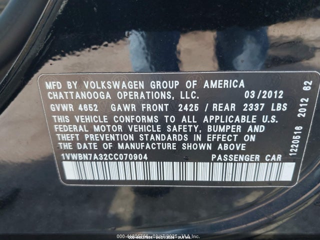 Продаж на аукціоні авто 2012 Volkswagen Passat 2.0l Tdi Se, vin: 1VWBN7A32CC070904, номер лоту: 44927984