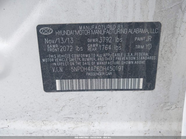 Auction sale of the 2013 Hyundai Elantra Gls, vin: 5NPDH4AE6DH450191, lot number: 44927992