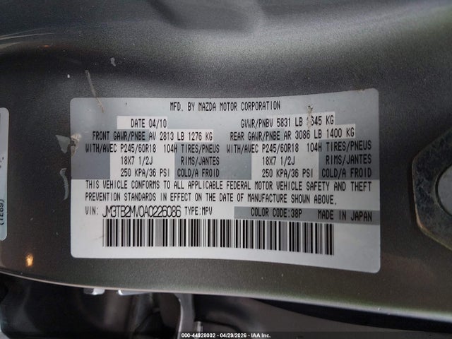 Продаж на аукціоні авто 2010 Mazda Cx-9 Touring, vin: JM3TB2MV0A0226086, номер лоту: 44928002