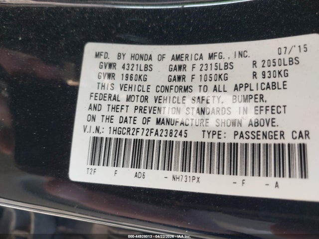 Honda ACCORD EX 2015 1HGCR2F72FA238245 Image 9