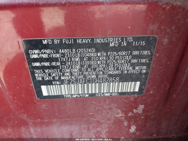 44928020 :رقم المزاد ، JF2SJAFC1GH482858 vin ، 2016 Subaru Forester 2.5i Premium مزاد بيع