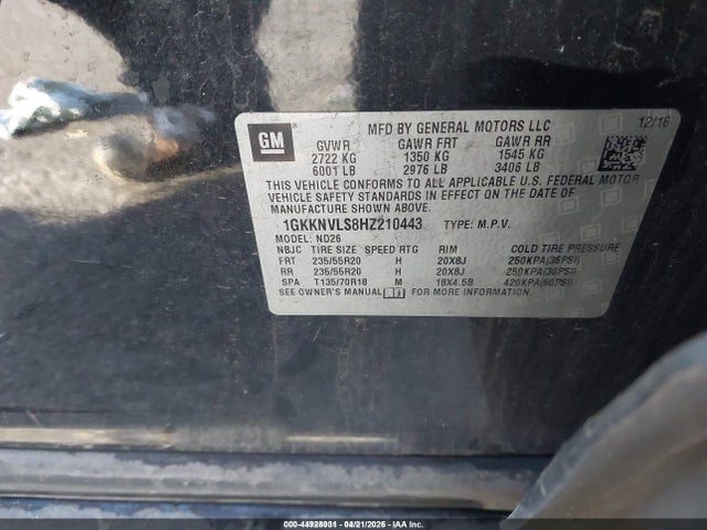 Aukcja sprzedaży 2017 Gmc Acadia Slt-1, vin: 1GKKNVLS8HZ210443, numer aukcji: 44928031