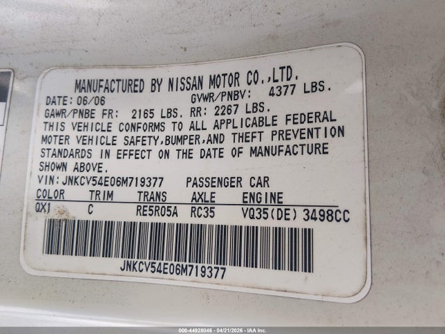 44928046 :رقم المزاد ، JNKCV54E06M719377 vin ، 2006 Infiniti G35 مزاد بيع