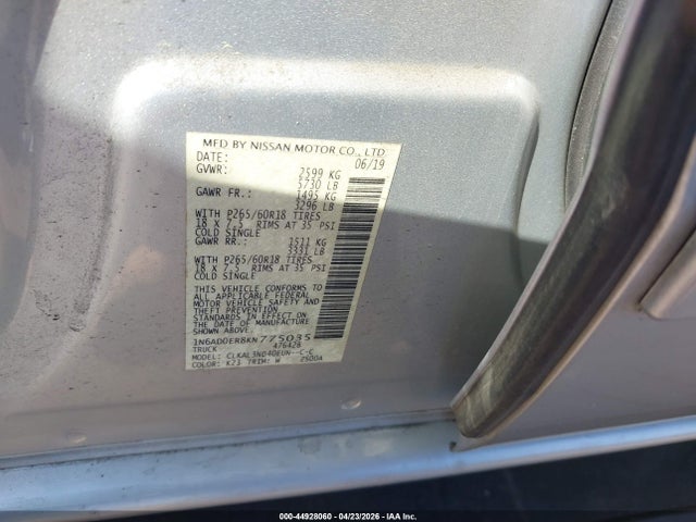 Aukcja sprzedaży 2019 Nissan Frontier Sl, vin: 1N6AD0ER8KN775035, numer aukcji: 44928060
