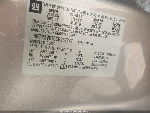 44928062 :رقم المزاد ، 3GTP2VE76CG237247 vin ، 2012 Gmc Sierra 1500 Sle مزاد بيع