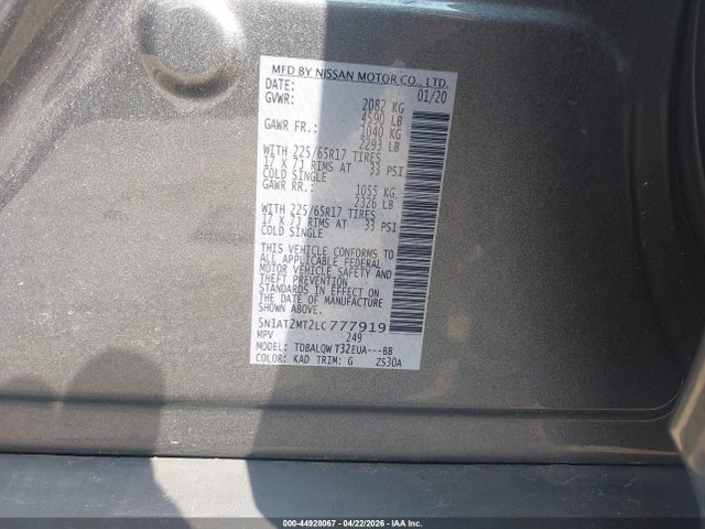 44928067 :رقم المزاد ، 5N1AT2MT2LC777919 vin ، 2020 Nissan Rogue Sv Fwd مزاد بيع