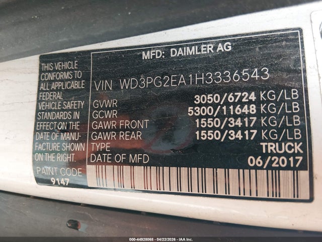 Aukcja sprzedaży 2017 Mercedes-benz Metris, vin: WD3PG2EA1H3336543, numer aukcji: 44928068