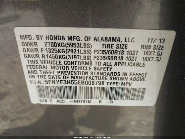 2014 Honda Pilot Ex-l მანქანა იყიდება აუქციონზე, vin: 5FNYF3H55EB008798, აუქციონის ნომერი: 44928076