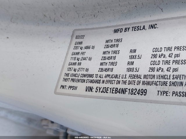 2022 Tesla Model 3 Long Range Dual Motor All-wheel Drive მანქანა იყიდება აუქციონზე, vin: 5YJ3E1EB4NF182499, აუქციონის ნომერი: 44928083