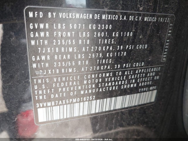 44928103 :رقم المزاد ، 3VVMB7AX5PM016252 vin ، 2023 Volkswagen Tiguan 2.0t Se مزاد بيع