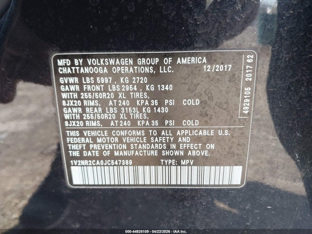 Aukcja sprzedaży 2018 Volkswagen Atlas 3.6l V6 Sel Premium, vin: 1V2NR2CA0JC547389, numer aukcji: 44928109