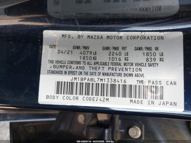 44928116 :رقم المزاد ، JM1BPABL7M1338416 vin ، 2021 Mazda Mazda3 Select مزاد بيع