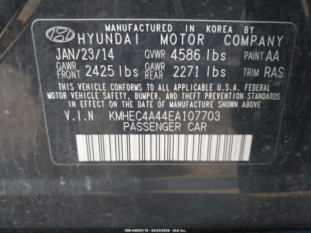 2014 Hyundai Sonata Hybrid Limited მანქანა იყიდება აუქციონზე, vin: KMHEC4A44EA107703, აუქციონის ნომერი: 44928118
